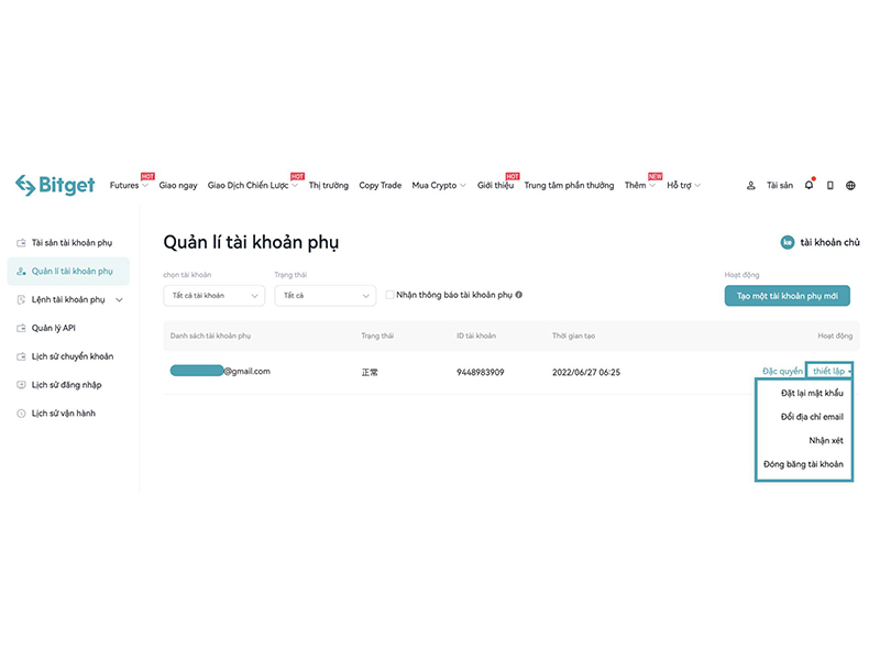 Bước 6: Quản lý tài khoản phụ sau khi tạo