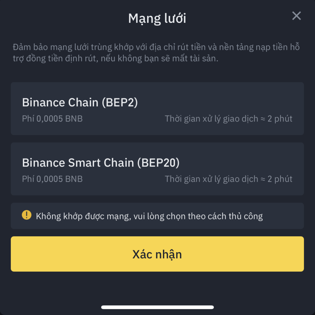 Đảm bảo số dư tối thiểu khi giao dịch và mạng blockchain phù hợp