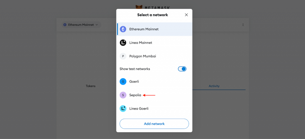 Hướng dẫn thêm mạng Sepolia trên extension MetaMask
